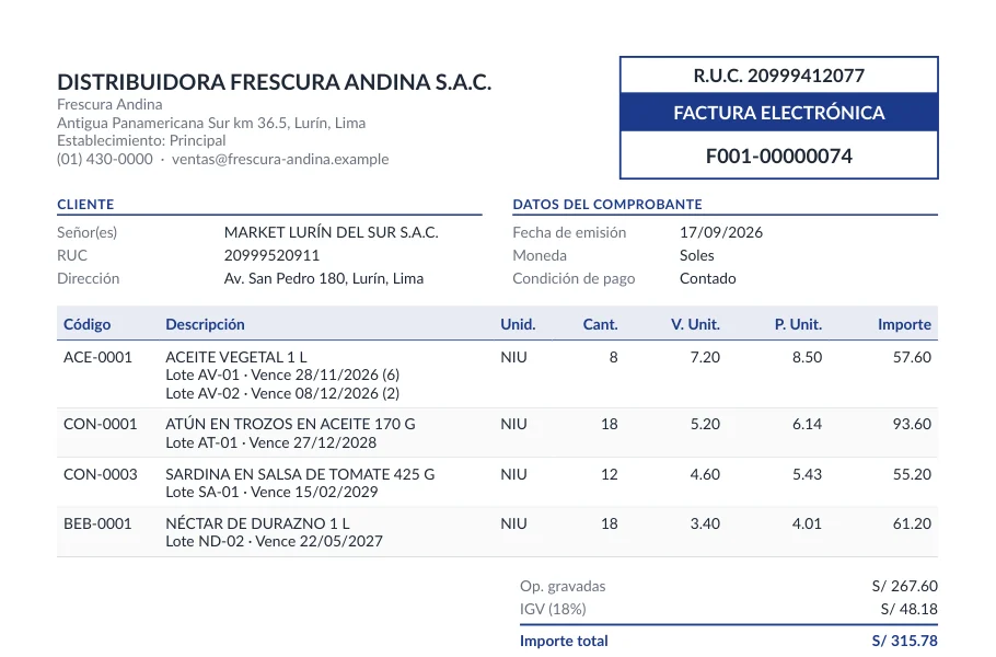 Factura electrónica impresa desde VIP ERP con el RUC del emisor, los datos del cliente y, debajo de cada producto, su lote y fecha de vencimiento.